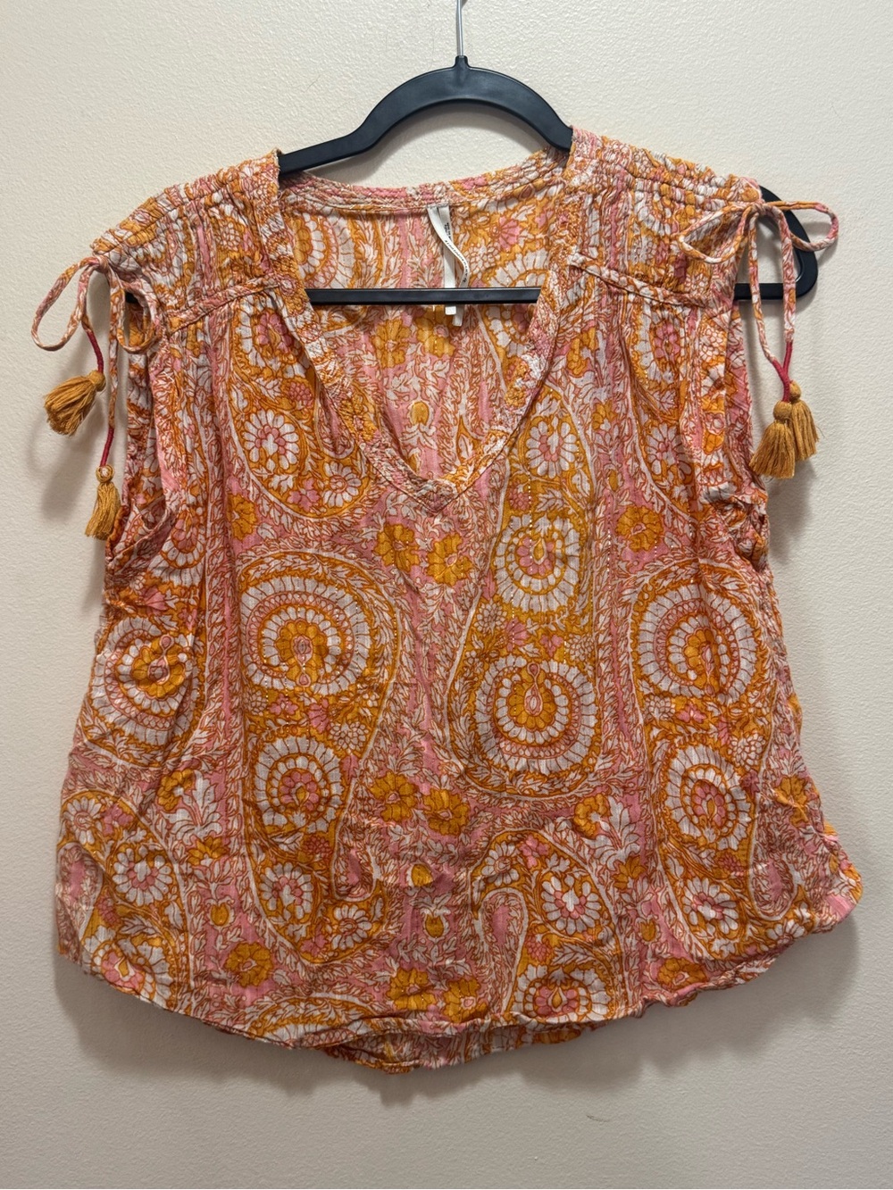 Anthropology Orange Paisley Floral Blouse With Shoulder Tassels